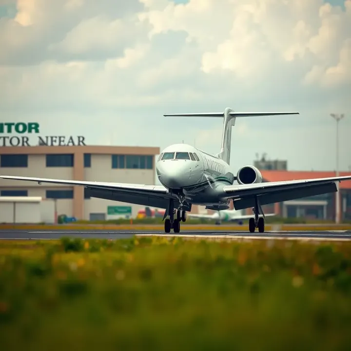 Aviator Nigeria Aircraft Taking Off at Domestic Airport Modern aircraft taking off from a busy Nigerian airport runway