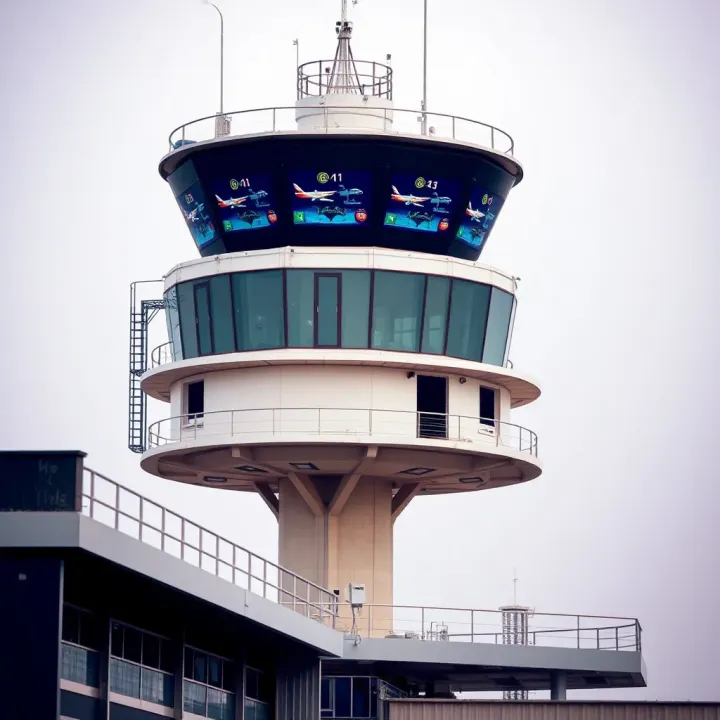 Control tower overseeing air traffic with clear skies in the background