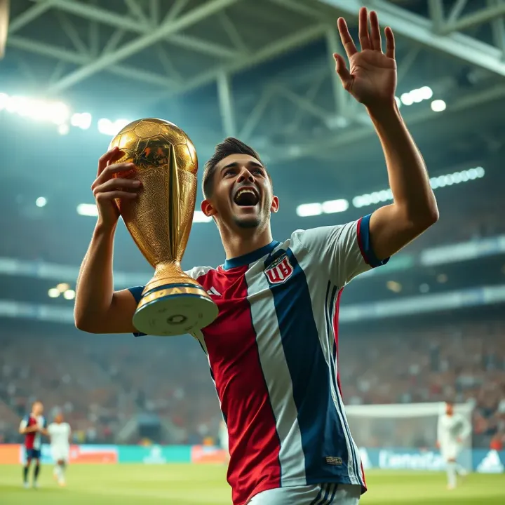 Football player celebrating with Ballon d'Or trophy in stadium