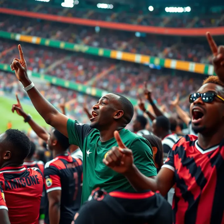 Nigerian football fans celebrating during an African Cup of Nations match with vibrant stadium atmosphere