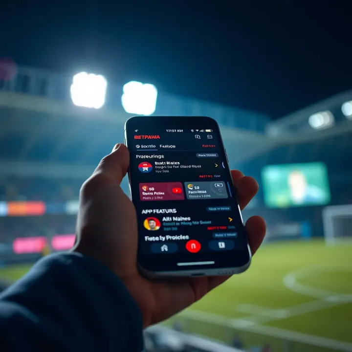 Smartphone showing BetPawa app features with betting options on screen