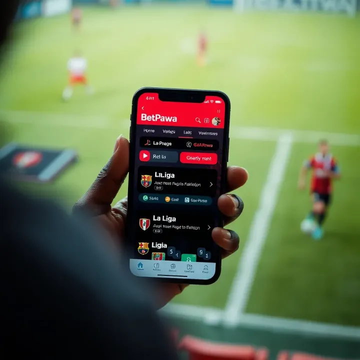Mobile phone displaying BetPawa app with La Liga betting options and local payment methods