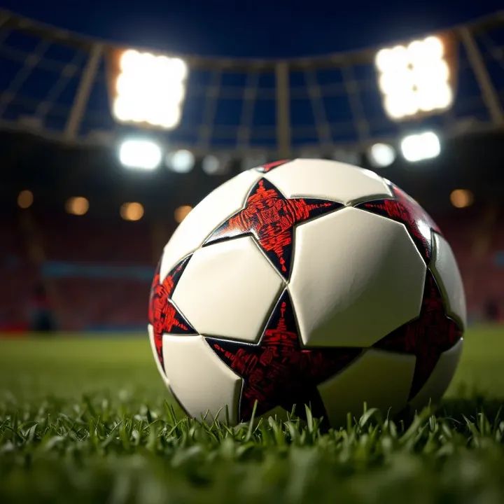 Closeup of a soccer ball on green grass with stadium lights in the background