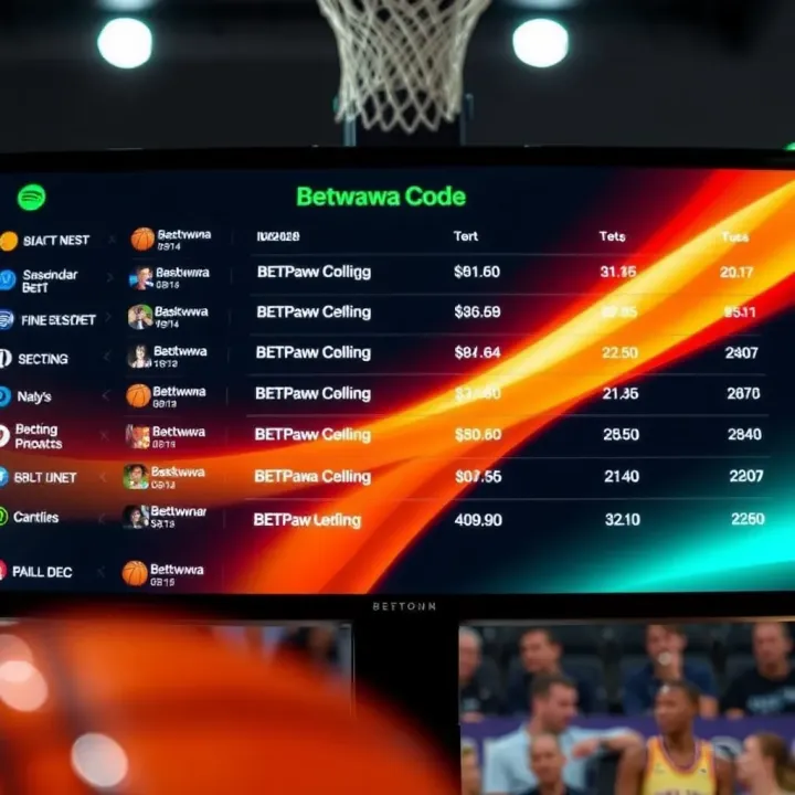 A digital screen displaying basketball betting options with highlighted BetPawa code section