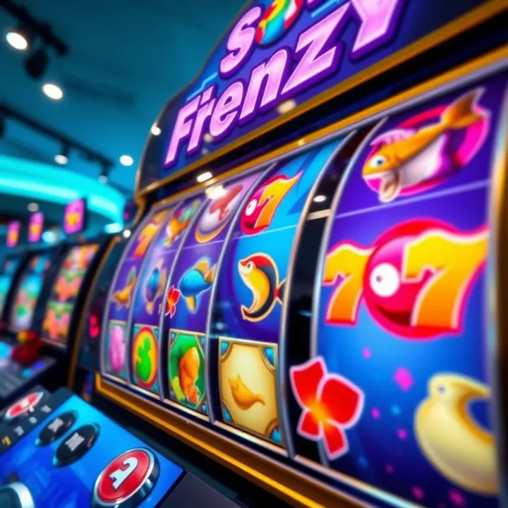 Colorful Fishin Frenzy slot game screen showing spinning reels with aquatic symbols and bonus icons