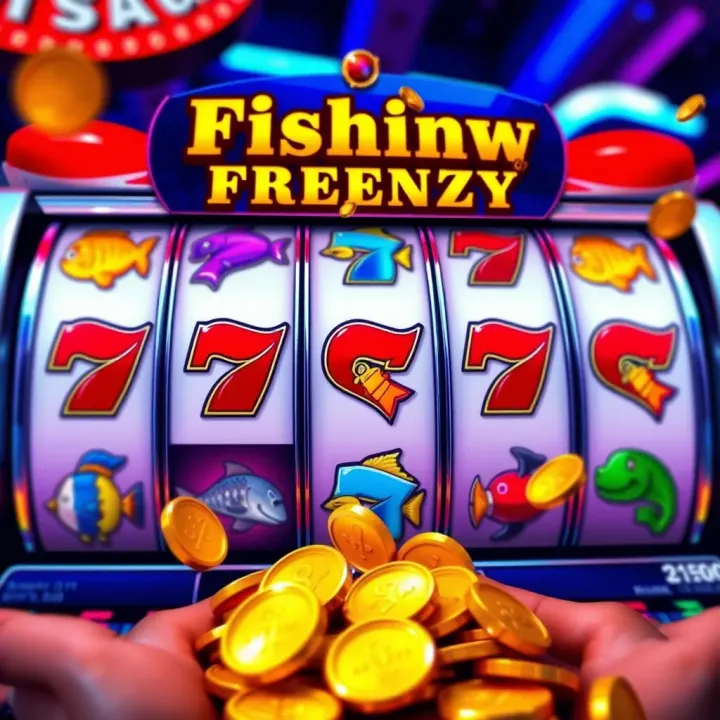 Illustration of slot machine reels with fishing icons and coins representing winnings