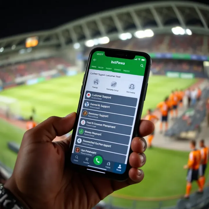 Mobile phone displaying BetPawa app with options for customer support contact methods