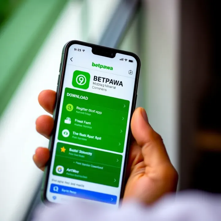 Mobile phone displaying BetPawa app download screen on Android and iOS platforms