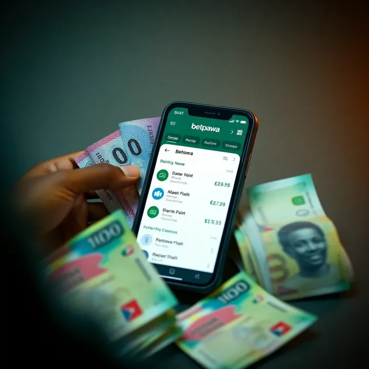 Illustration of Nigerian currency notes next to a smartphone displaying betting results on the Betpawa app
