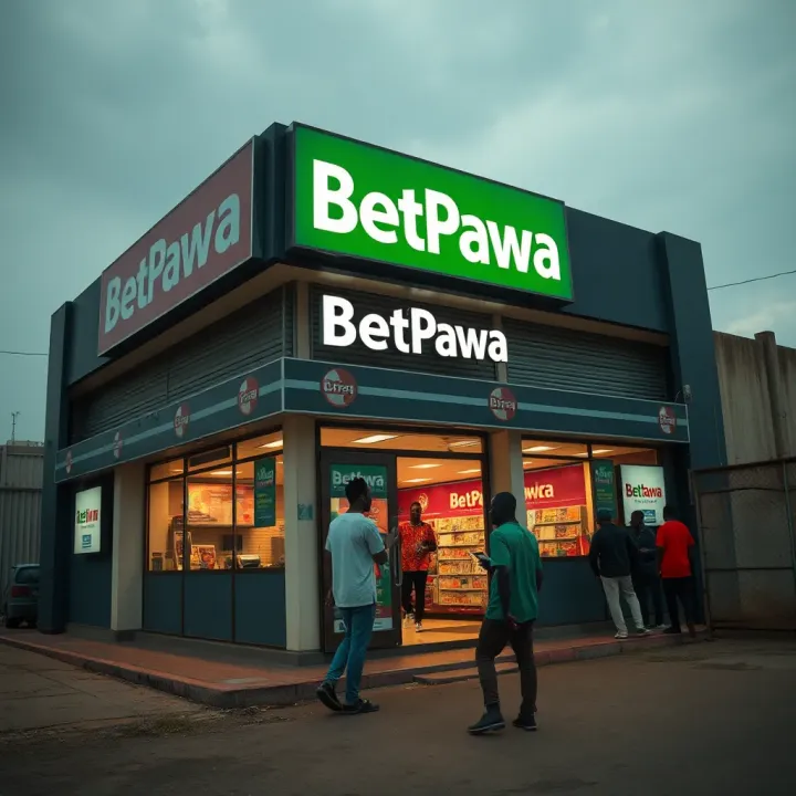 Exterior of a BetPawa physical betting shop with Nigerian customers outside