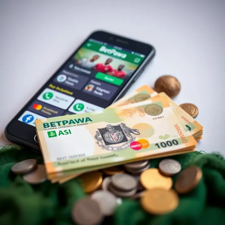 Display of Nigerian currency notes next to a smartphone showing BetPawa's payment options