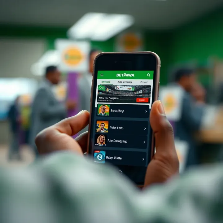 Old mobile phone displaying Betpawa shop interface with clear navigation options