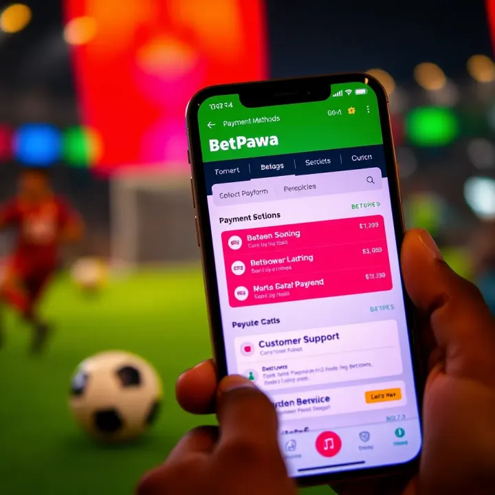 Mobile device displaying BetPawa platform with payment options and customer support chat