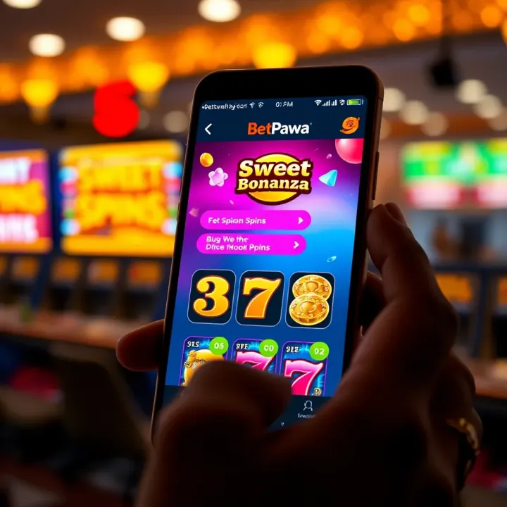 Illustration of a smartphone displaying the BetPawa platform with Sweet Bonanza free spins bonus highlighted