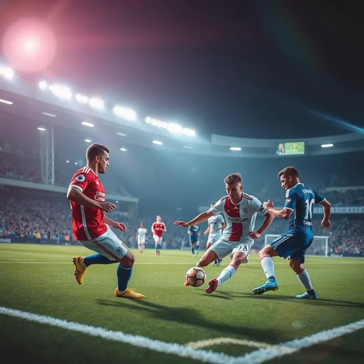 Football players competing intensely during a Premier League match under bright stadium lights