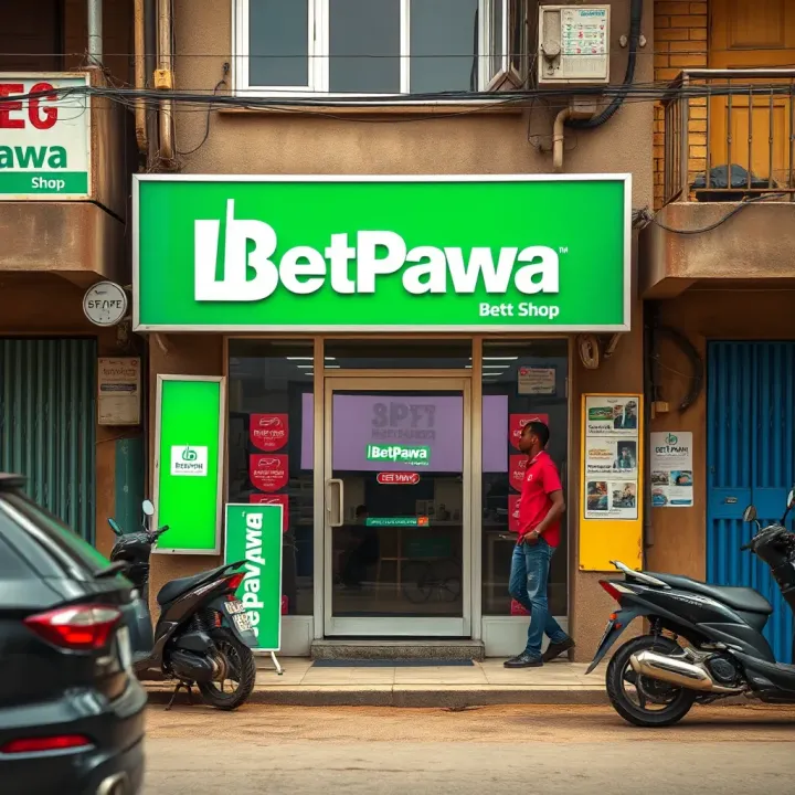 Exterior view of a modern BetPawa betting shop in a busy Nigerian neighborhood