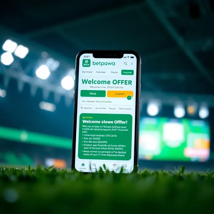 Illustration of a smartphone displaying the Betpawa welcome offer details for Nigerian users