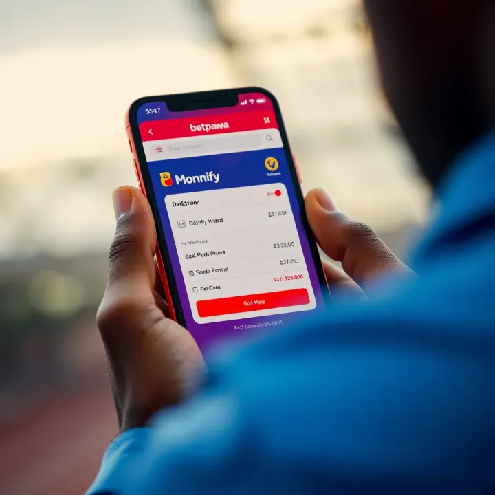 Phone screen displaying Betpawa withdrawal interface with Monnify payment option