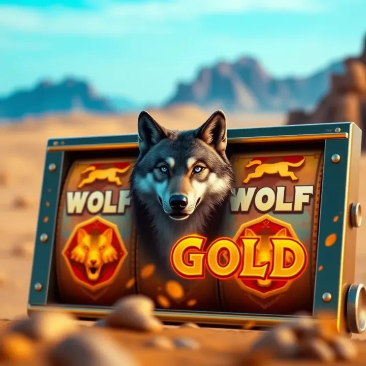 Slot machine reels showing Wolf Gold symbols with a background of desert landscape