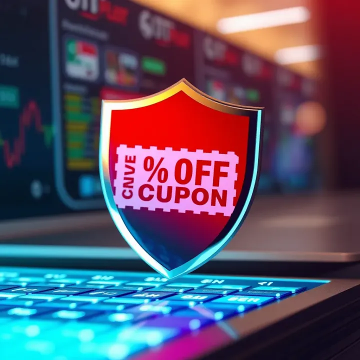 A graphic showing a shield protecting a discount coupon symbolizing scam protection while shopping online