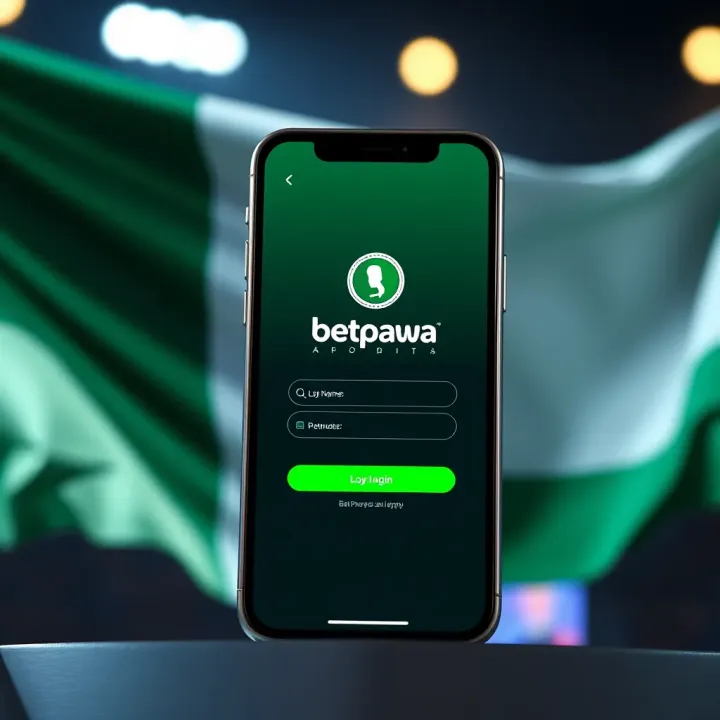 Mobile phone displaying BetPawa app login screen with Nigerian flag in the background