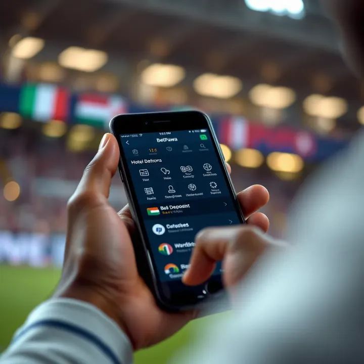Mobile phone displaying BetPawa betting options with Nigerian banking icons for deposit and withdrawal