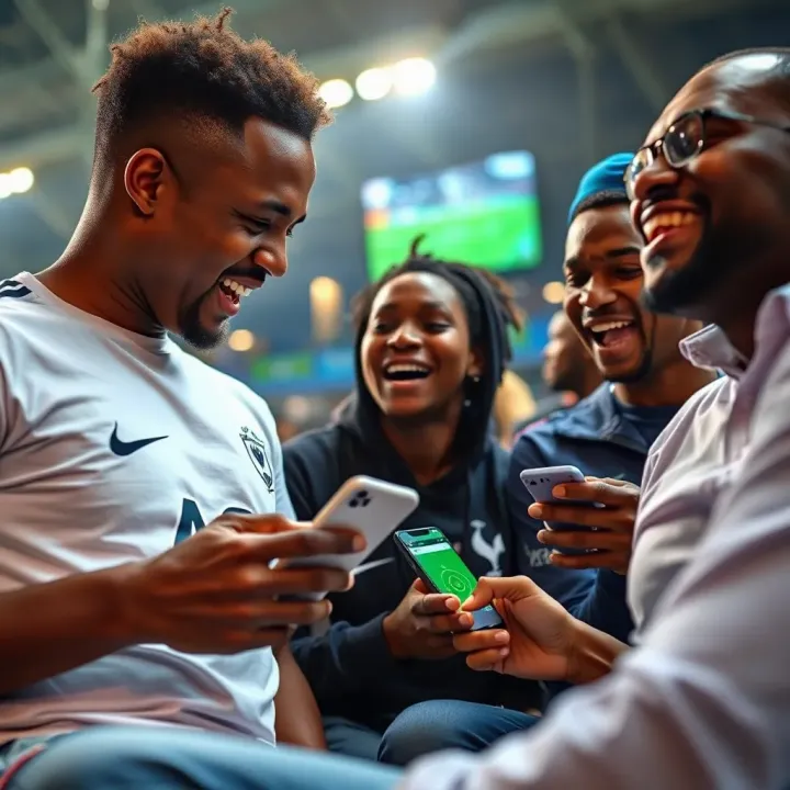 Excited Nigerian football fans watching Tottenham match with betting apps open on smartphones