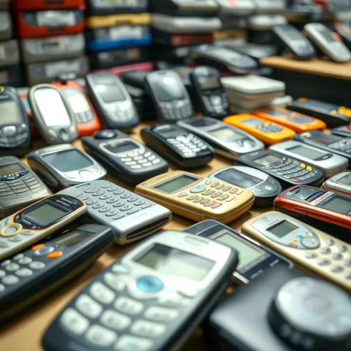 Old mobile devices arranged on a table illustrating different models and conditions