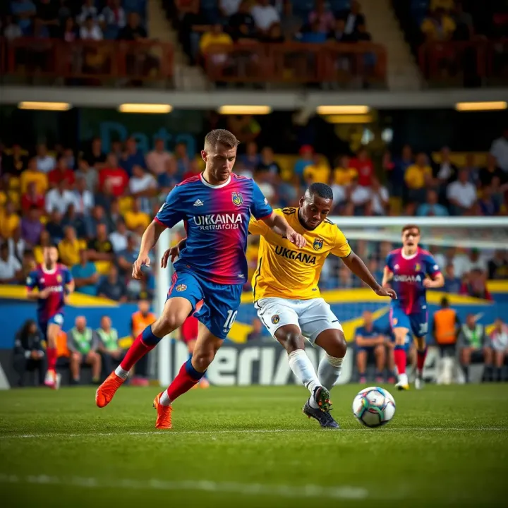 Dynamic football players competing during a Ukraine Premier League match