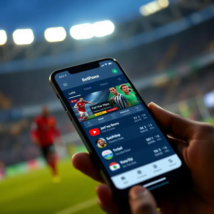 BetPawa App Interface Showcasing Sports Betting Options Mobile phone displaying BetPawa app interface with sports betting options and live scores
