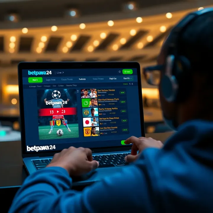 User navigating Betpawa 24 Live platform on a laptop with betting options displayed