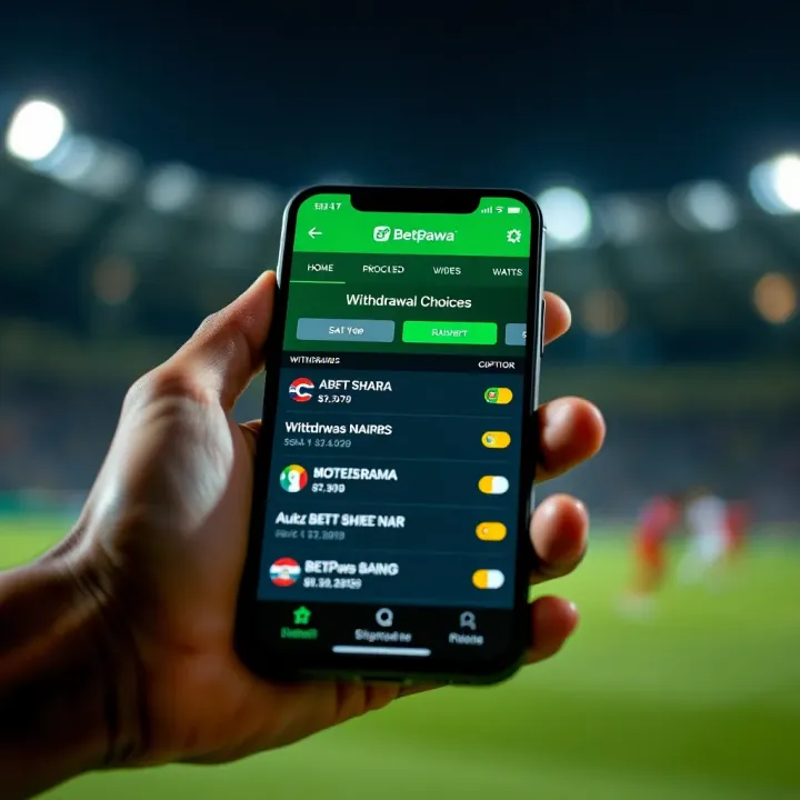Mobile phone displaying BetPawa app interface with withdrawal options highlighted