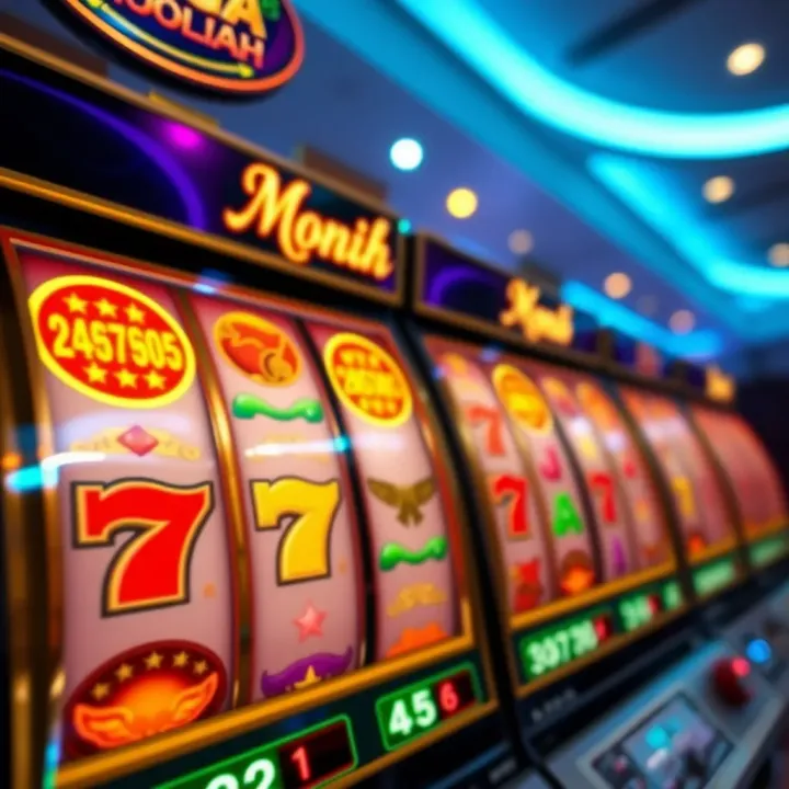 Mega Moolah Slot Reels Displaying Jackpot Symbols Colorful slot machine reels showing various jackpot symbols with bright lights