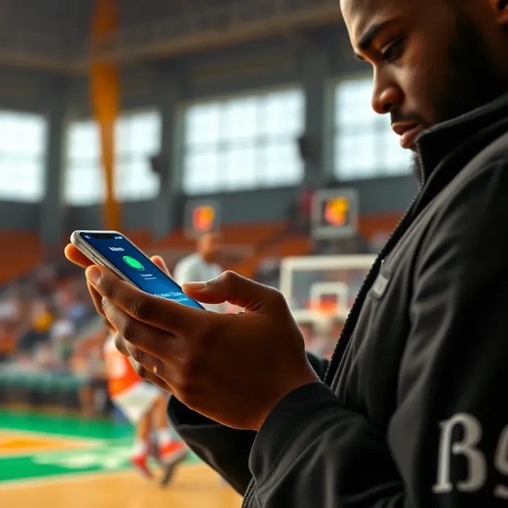 A confident bettor using a mobile device to enter a BetPawa code and place a basketball bet