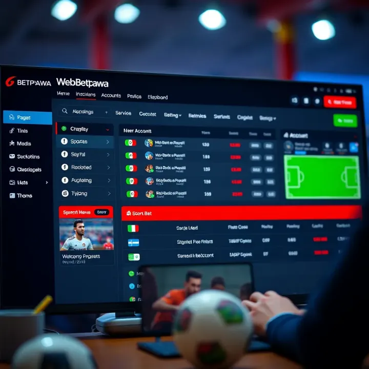 Dashboard of Web Betpawa platform highlighting sports betting options and user account menu